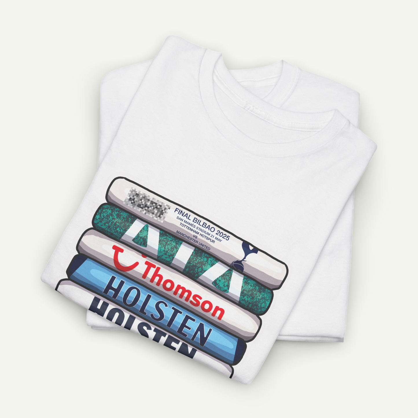 A white t-shirt with a graphic design featuring a stack of books with the text "THOMSON HOLSTEN" printed on them.