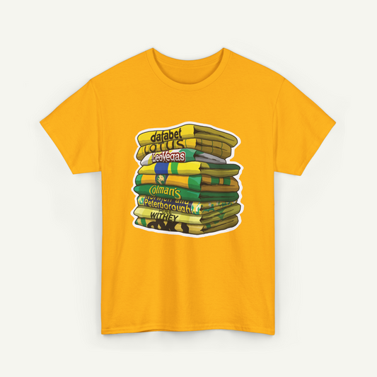 A yellow t-shirt with a graphic design depicting a stack of colorful books.