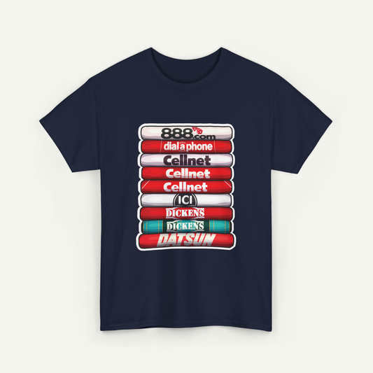 A navy blue t-shirt with a graphic design featuring a stack of colored tubes with text on them.