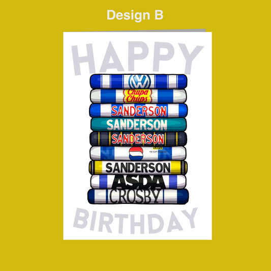 A birthday card with a stack of colorful tubes, each representing a different brand or company. The text on the tubes reads "Happy Birthday" and "Design B".