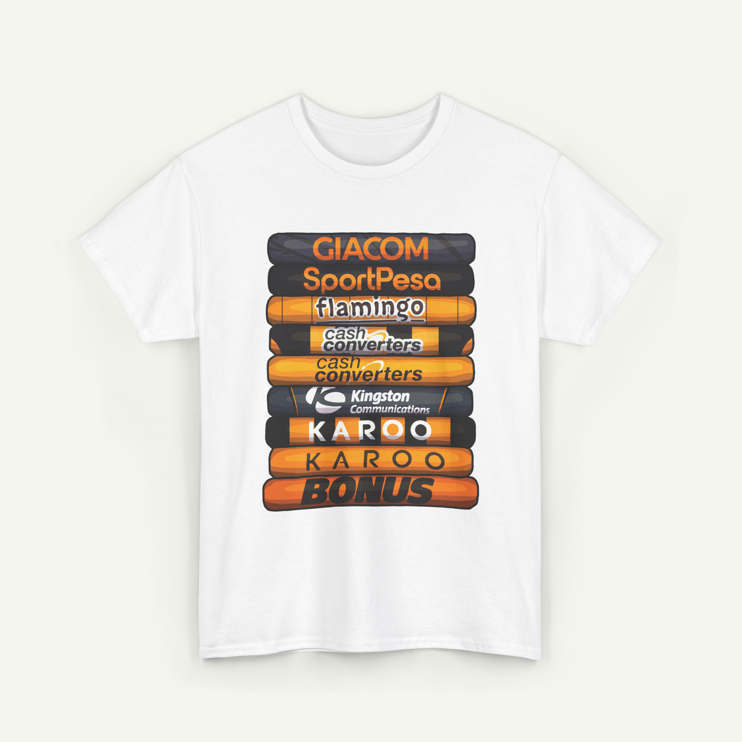 A white t-shirt with a graphic design featuring a stack of orange and black tubes with various text printed on them.