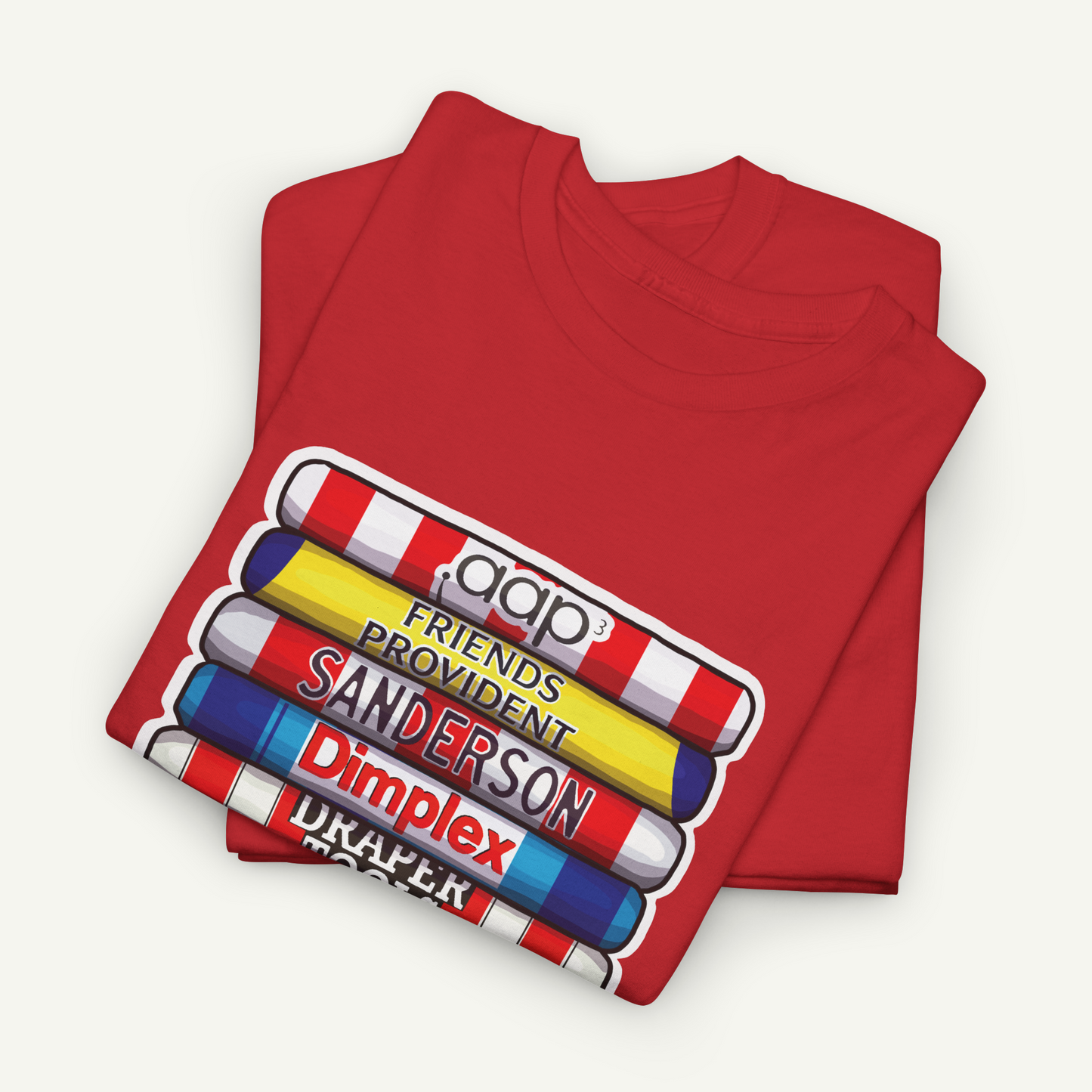 A red t-shirt with a graphic design featuring a stack of colorful pencils with the text "OPP" printed on them.