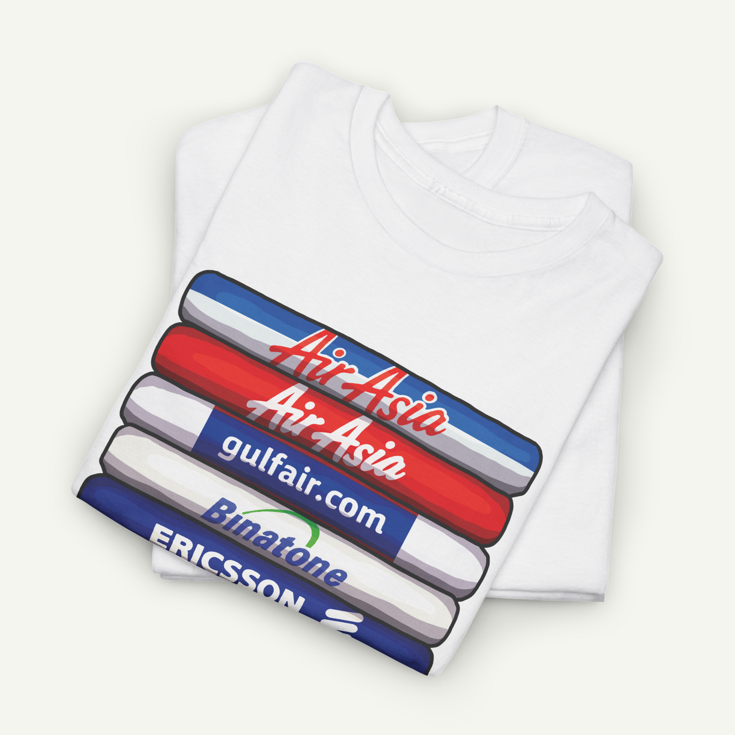 A white t-shirt with a graphic design featuring the logos of Air Asia, Bintone, and Ericsson.