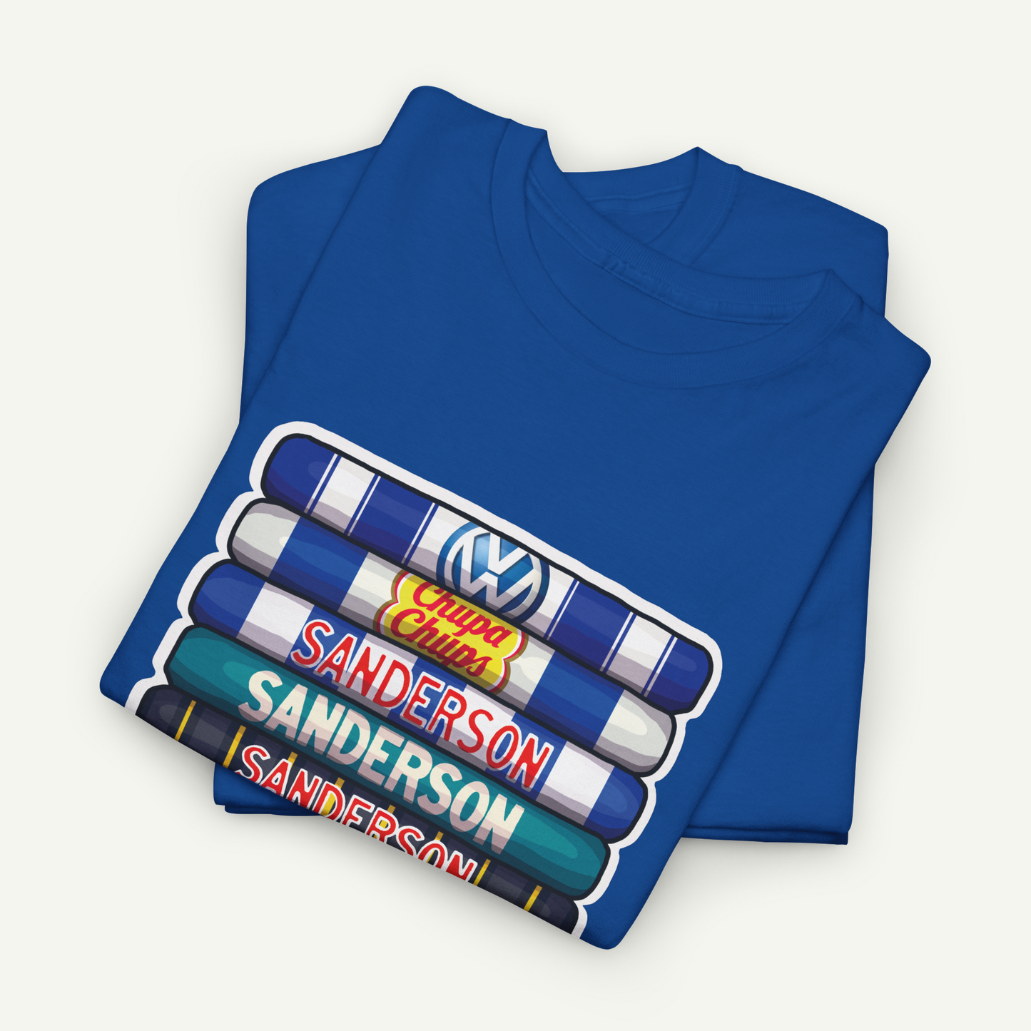 A blue t-shirt with a graphic design featuring a stack of colorful tubes with the text "Sanderson" printed on them.