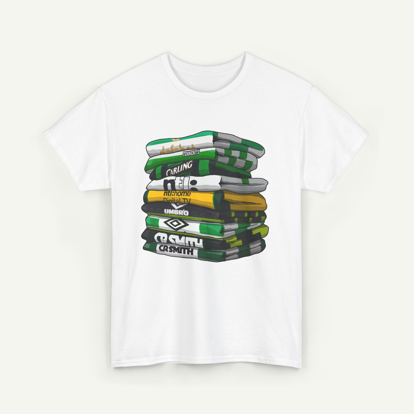 A white t-shirt with a graphic design depicting a stack of colorful books or magazines.