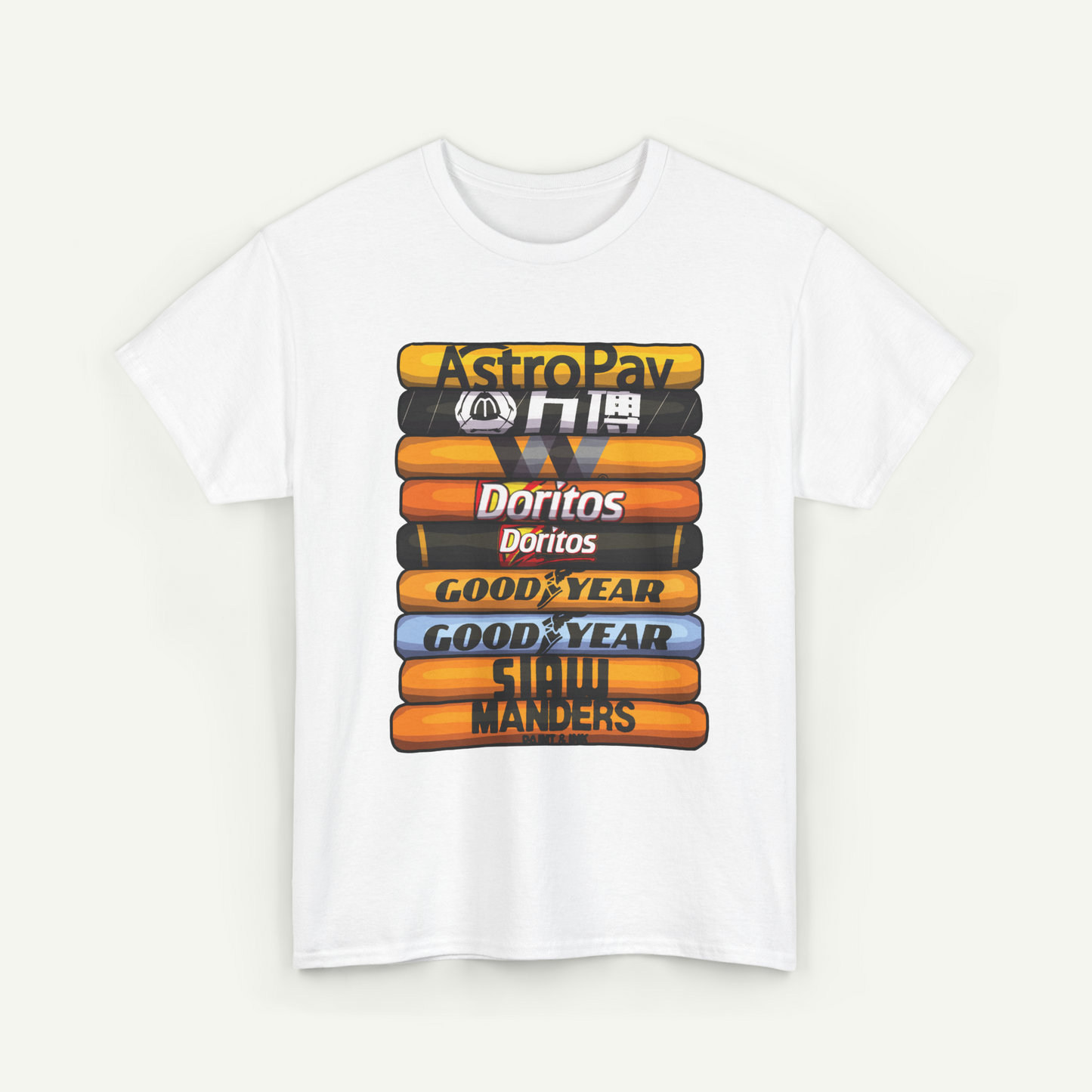 A white t-shirt with a graphic design featuring a stack of colorful bars representing various brands, including AstroPay, Doritos, Goodyear, SIEMENS, and others.