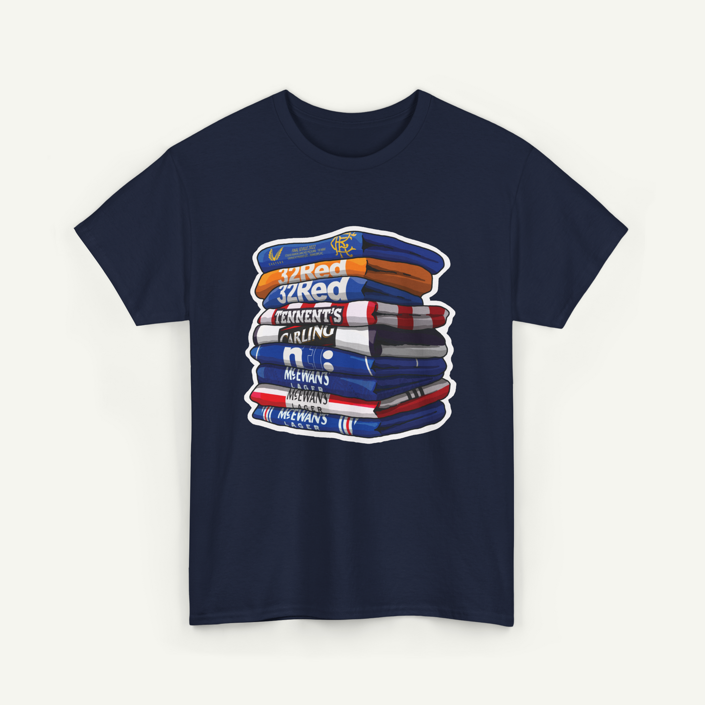 A navy blue t-shirt with a graphic design depicting a stack of colorful towels or blankets.
