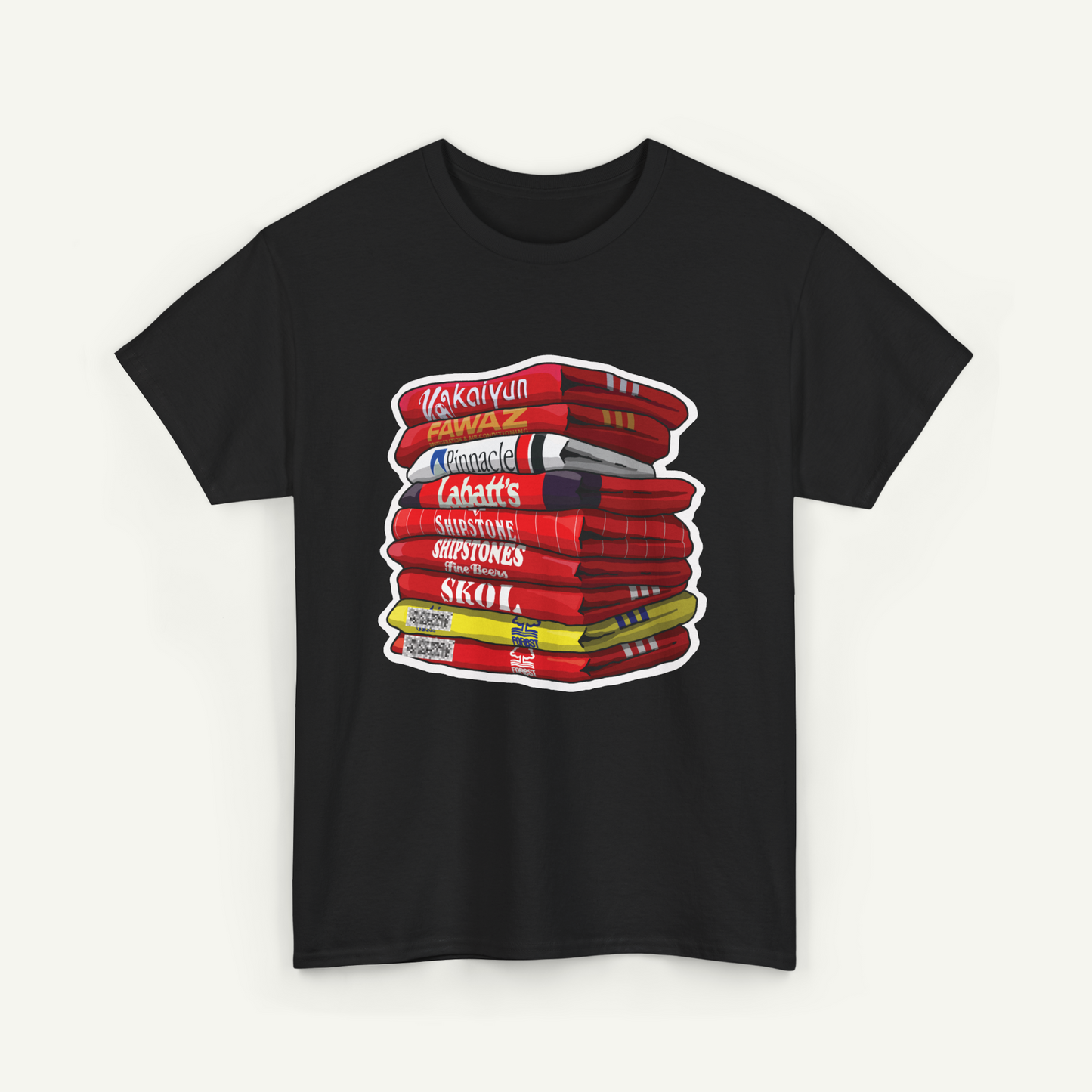 A black t-shirt with a graphic design depicting a stack of red books with white text on the spines.