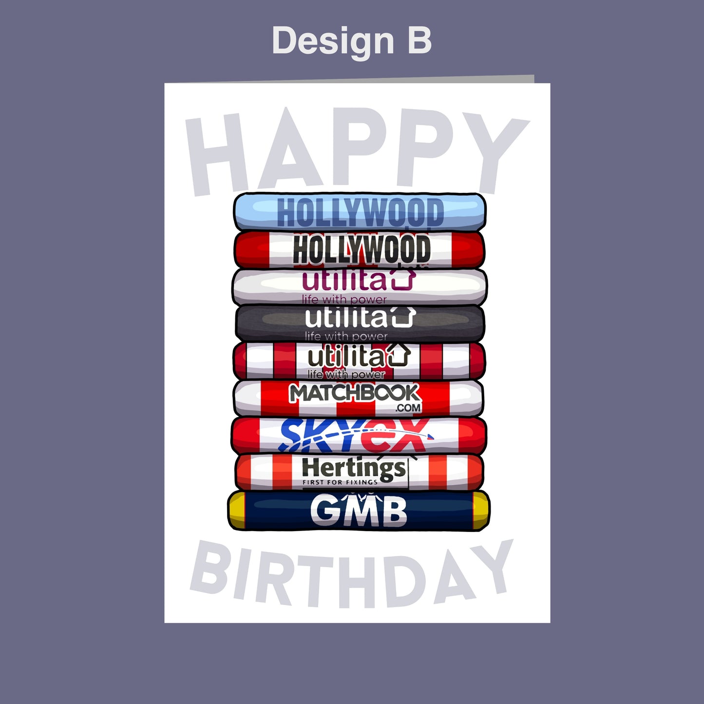 A stack of colorful tubes with various company logos on them, representing different businesses. The tubes are arranged in a vertical line, and the text "HAPPY BIRTHDAY" is displayed at the bottom of the image.