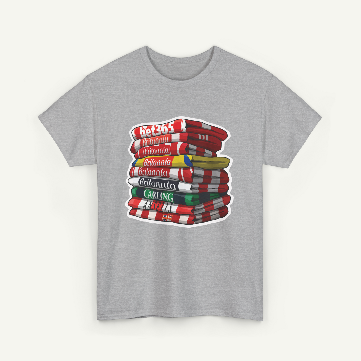 A gray t-shirt with a graphic design depicting a stack of books with various colored covers.