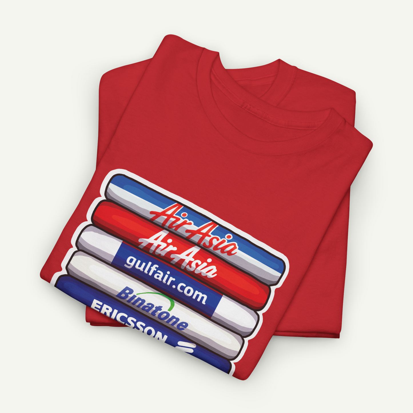 A red t-shirt with a graphic design featuring a stack of four tubes, each with a different colored stripe and text.