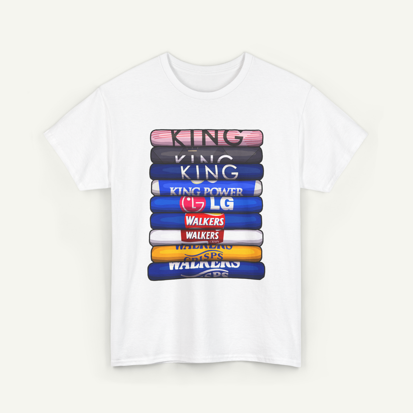 A white t-shirt with a graphic design featuring a stack of colorful books or book-like objects, each with a different brand logo printed on it.