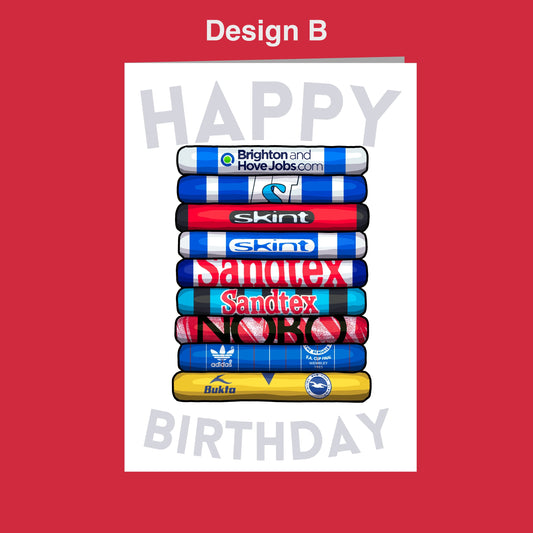 A birthday card with a stack of colorful tubes, each representing a different brand or company, against a red background.