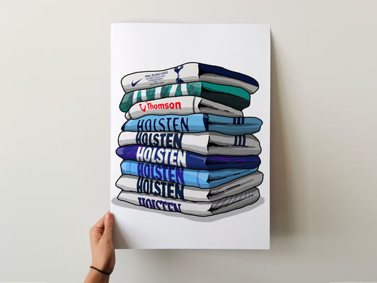 A hand is holding up a poster with a stack of soccer jerseys, each with the name "Holsten" printed on them.
