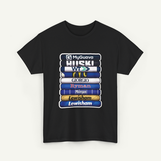 A black t-shirt with a graphic design featuring a stack of books with various text labels on the spines.
