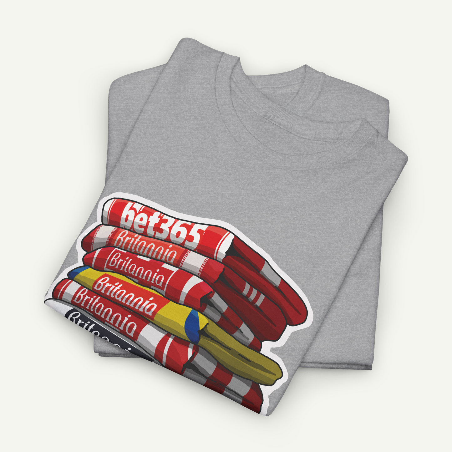 A gray t-shirt with a graphic design depicting a stack of red and white striped objects, along with the text "bet365" printed on them.