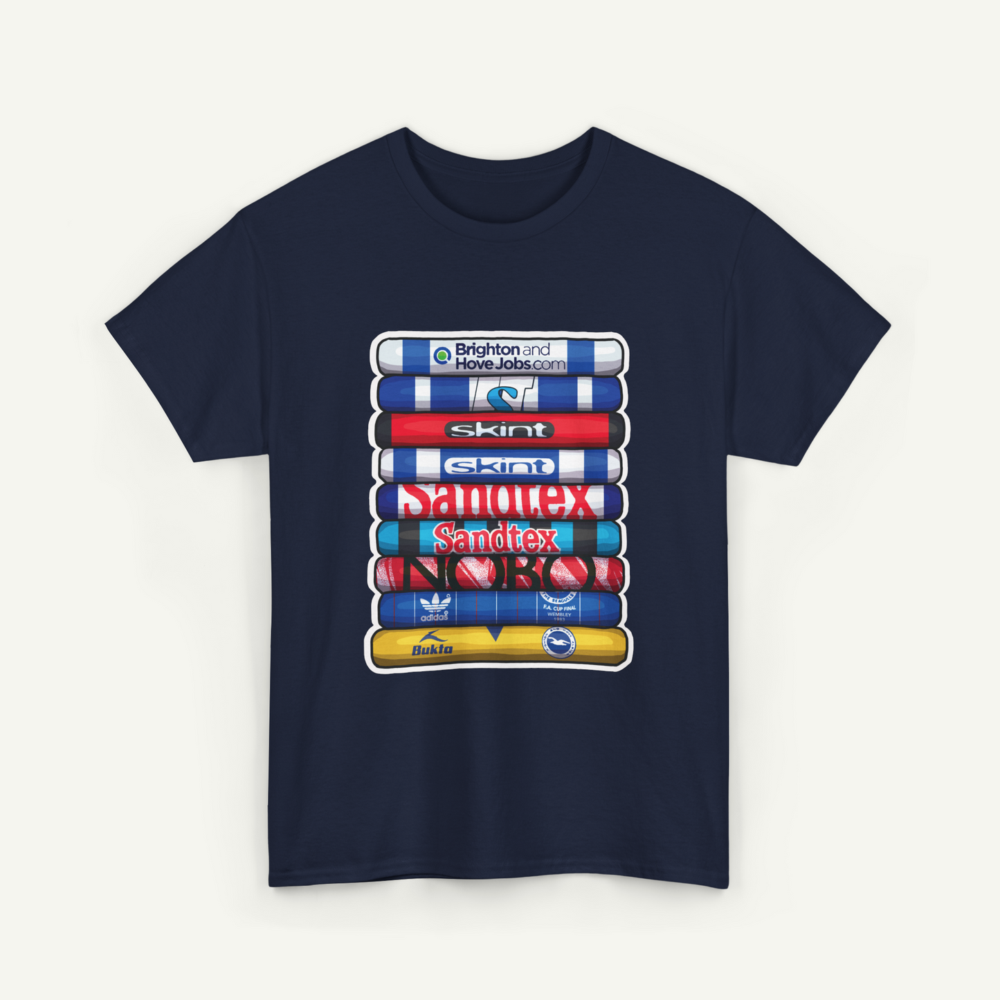 A navy blue t-shirt with a graphic design featuring a stack of colorful tubes or bottles, each displaying a different brand logo.