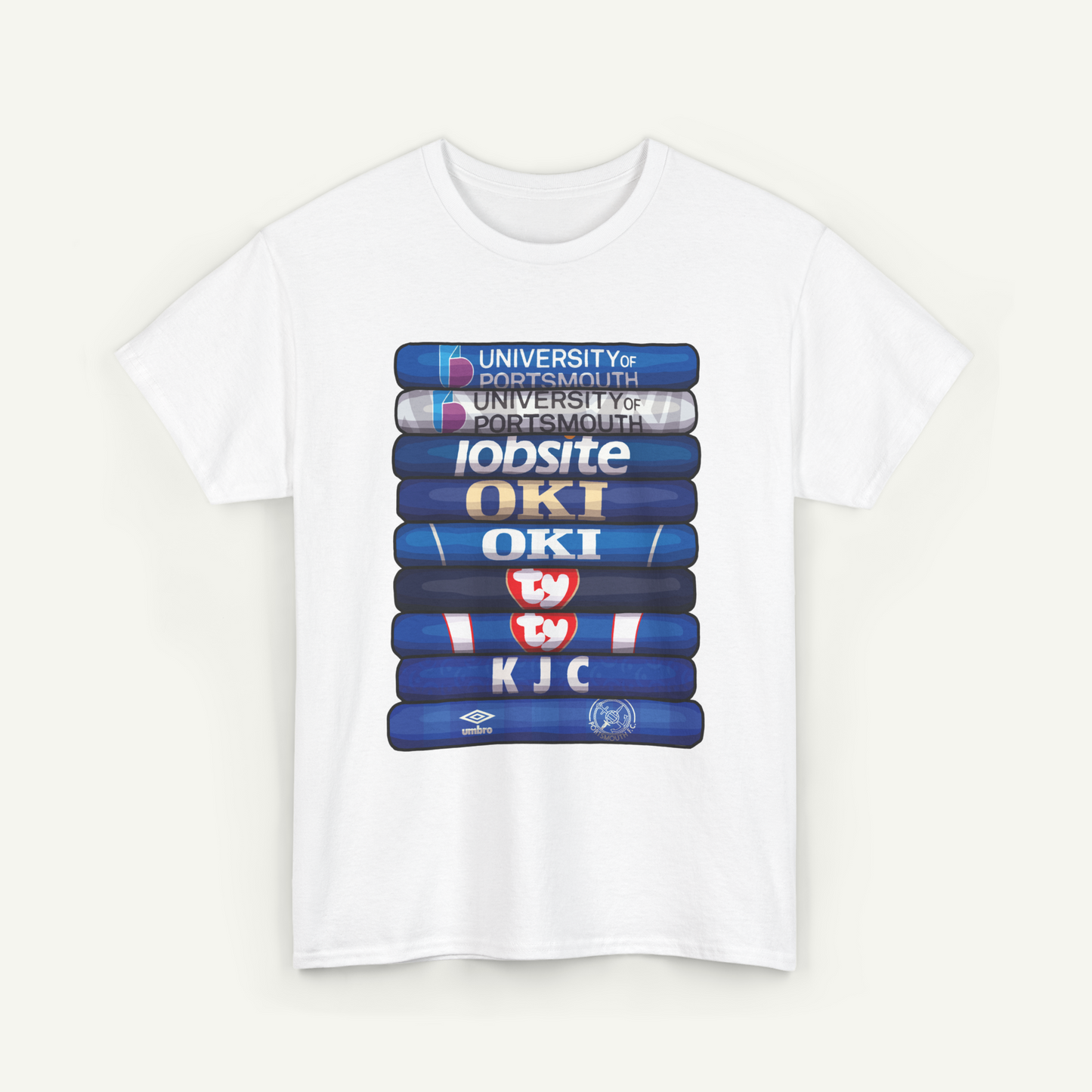 A white t-shirt with a graphic design featuring a stack of blue and white tubes or cylinders, each labeled with a different university or organization name.
