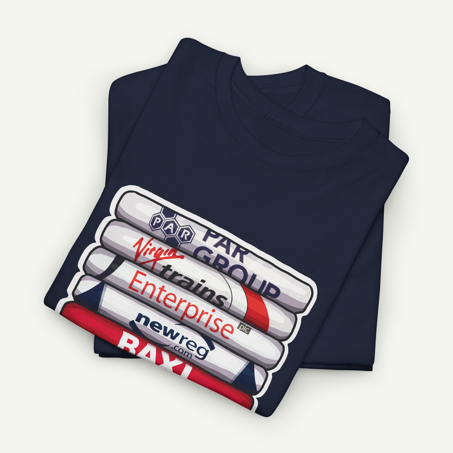 A navy blue t-shirt with a graphic design featuring a stack of books with various text labels on them.