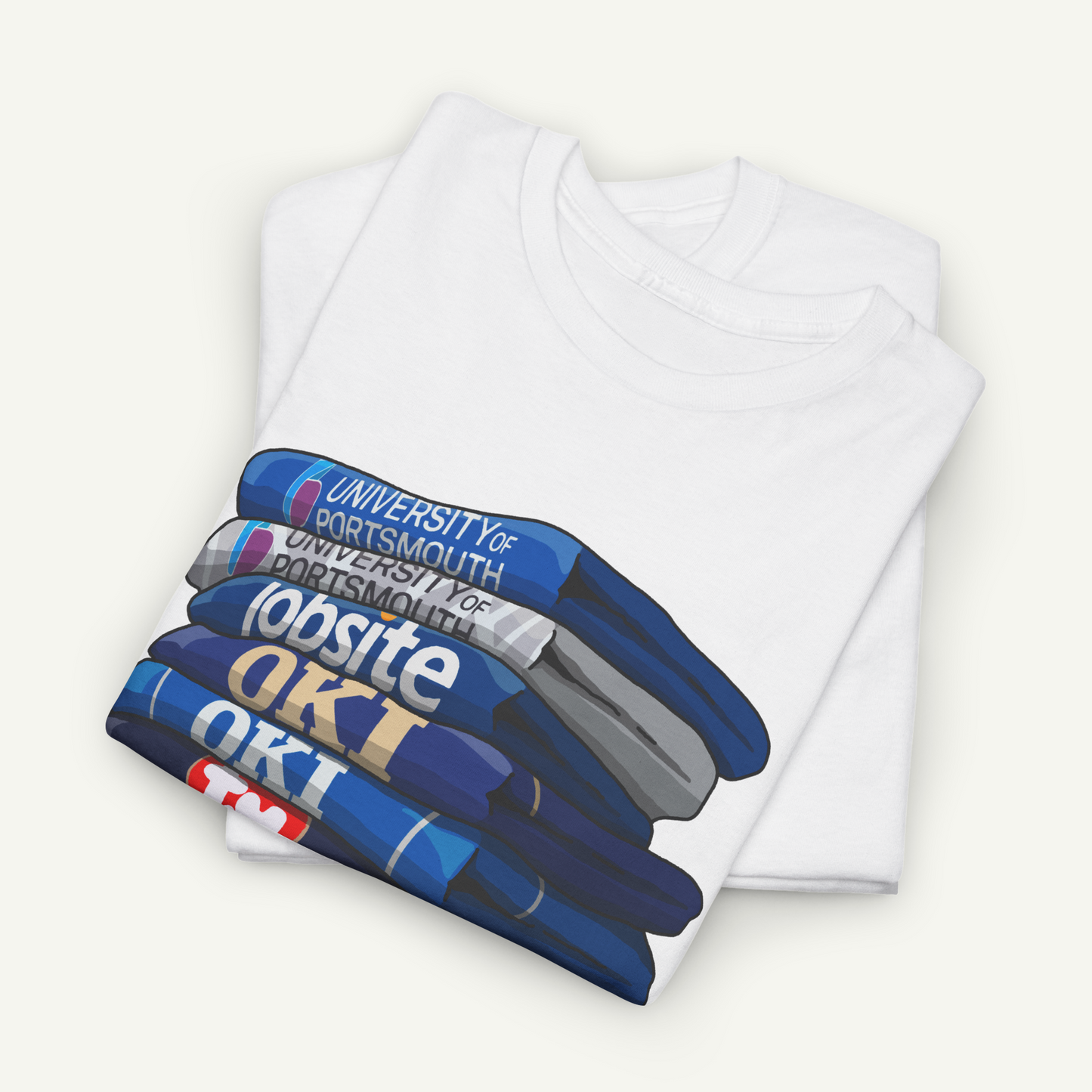 A white t-shirt with a graphic design depicting a stack of books or magazines with the text "University ofortsmouth" printed on them.