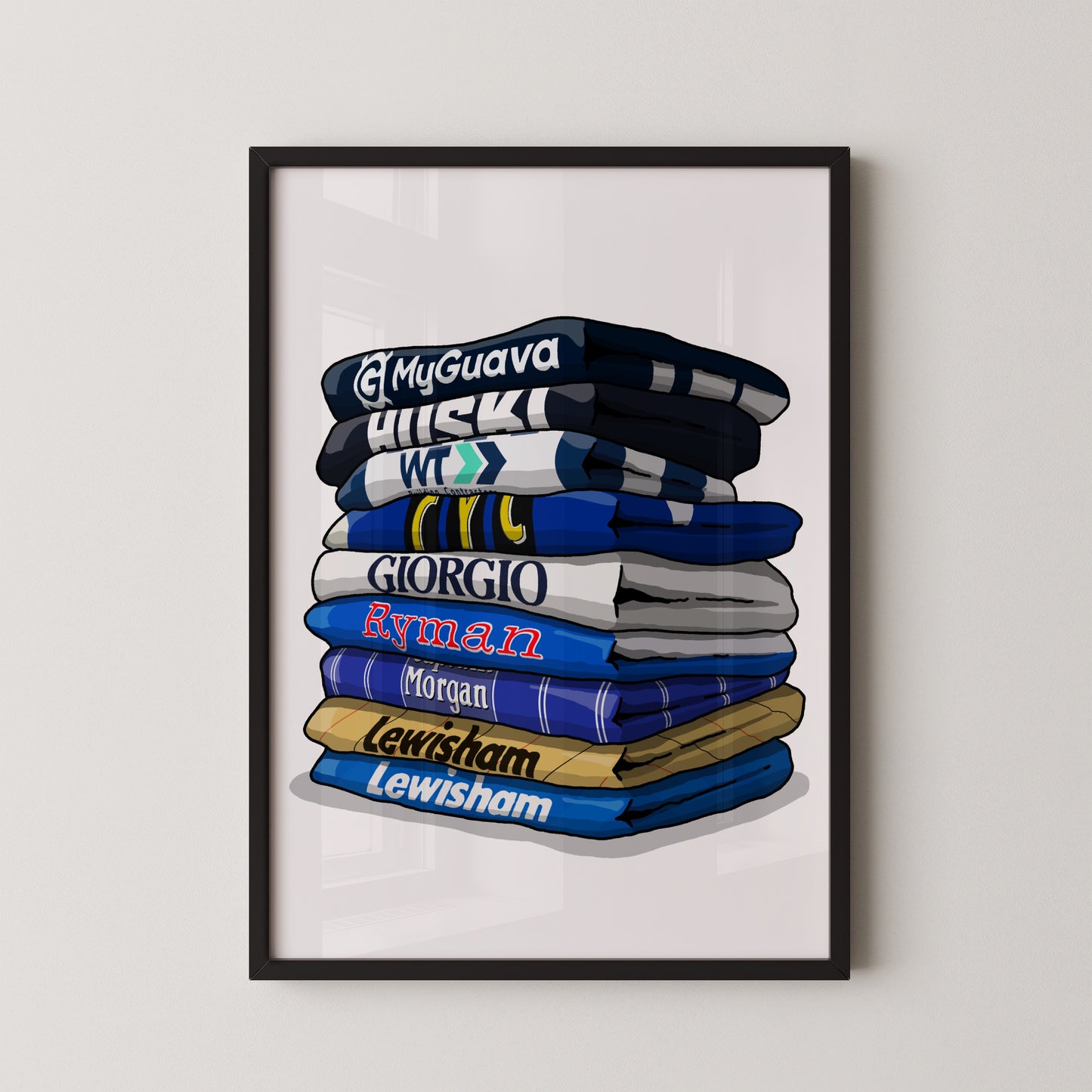 A framed illustration of a stack of various sports jerseys, each with different text and logos, including "MyGuava", "HICKS", "GIORGIO", "RYMAN", "MORGAN", and "LEWISHAM".