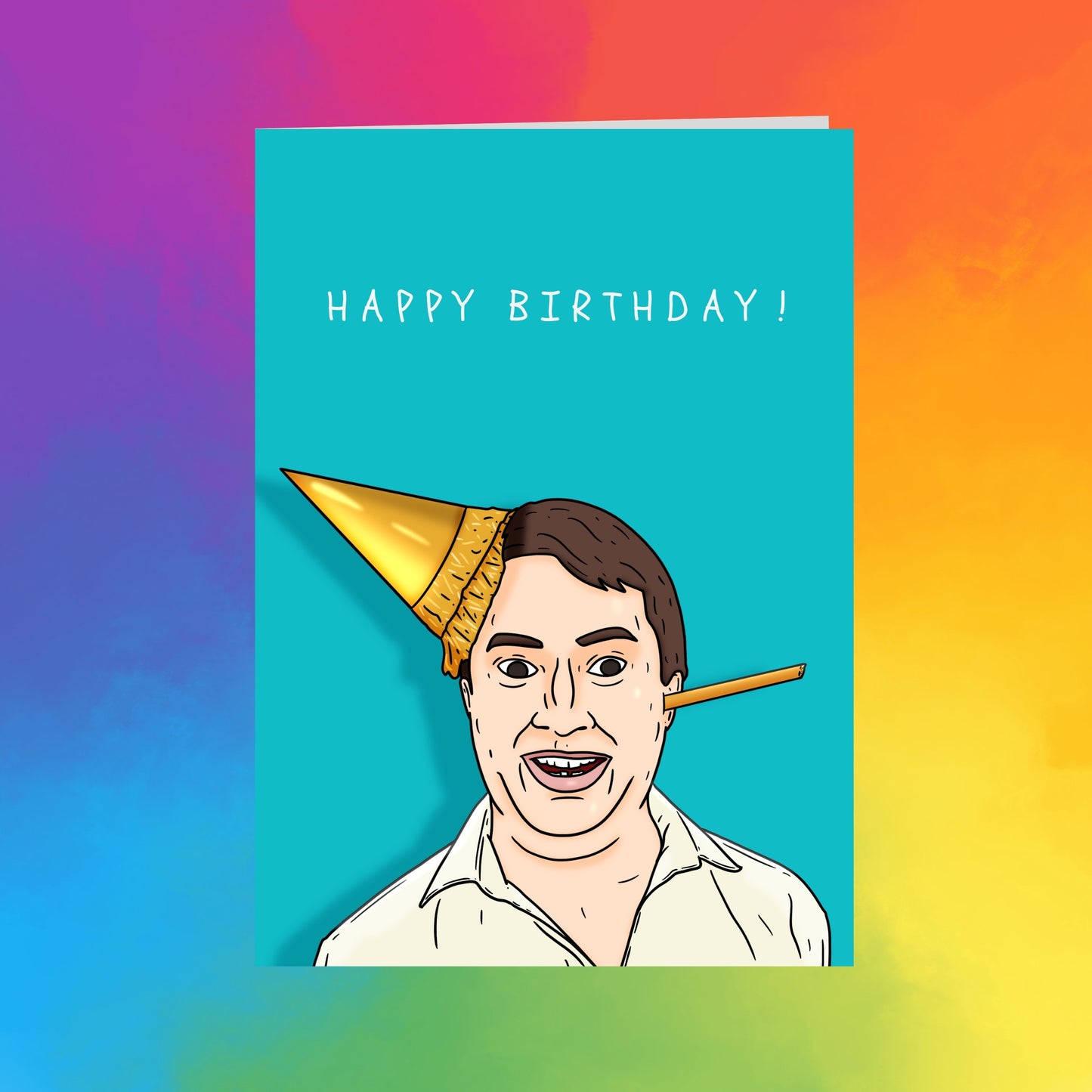 A cartoon illustration of a man wearing a party hat and smiling, with the text "Happy Birthday!" displayed above him.