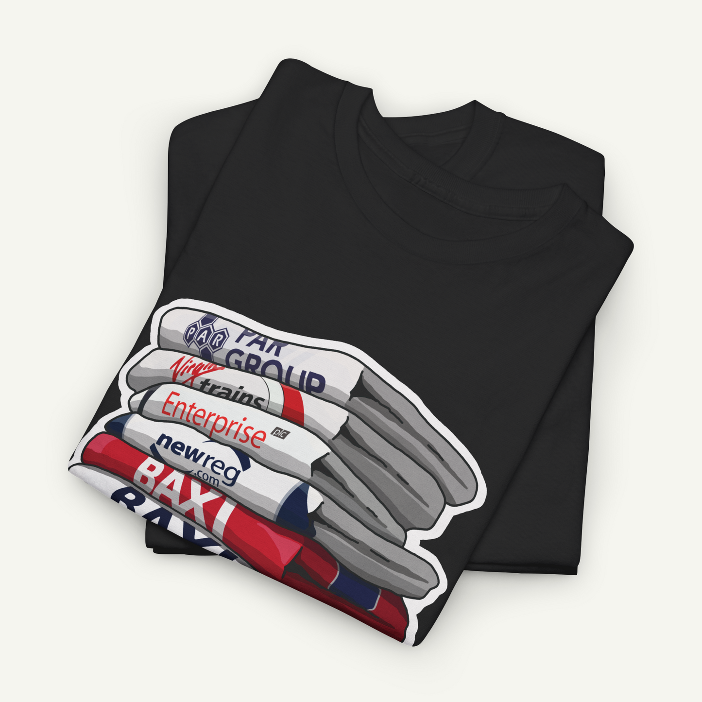 A black t-shirt with a graphic design depicting a stack of pens in various colors.