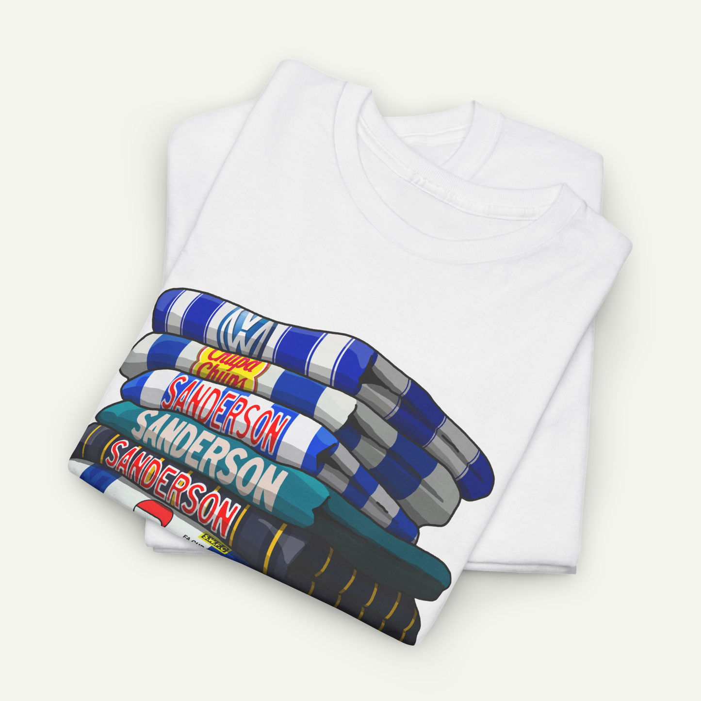 A white t-shirt with a graphic design depicting a stack of books with the name 'Sanderson' printed on them.