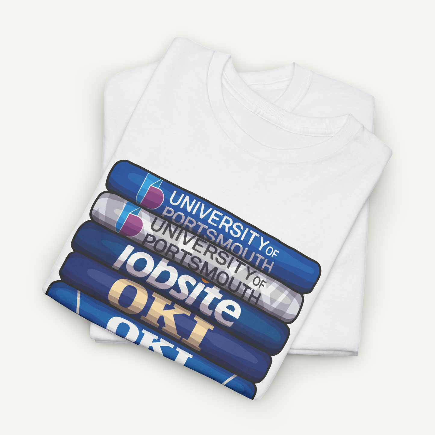 A white t-shirt with a graphic design featuring the logos and names of the University of Portsmouth, including "OKI" and "Jobsite".