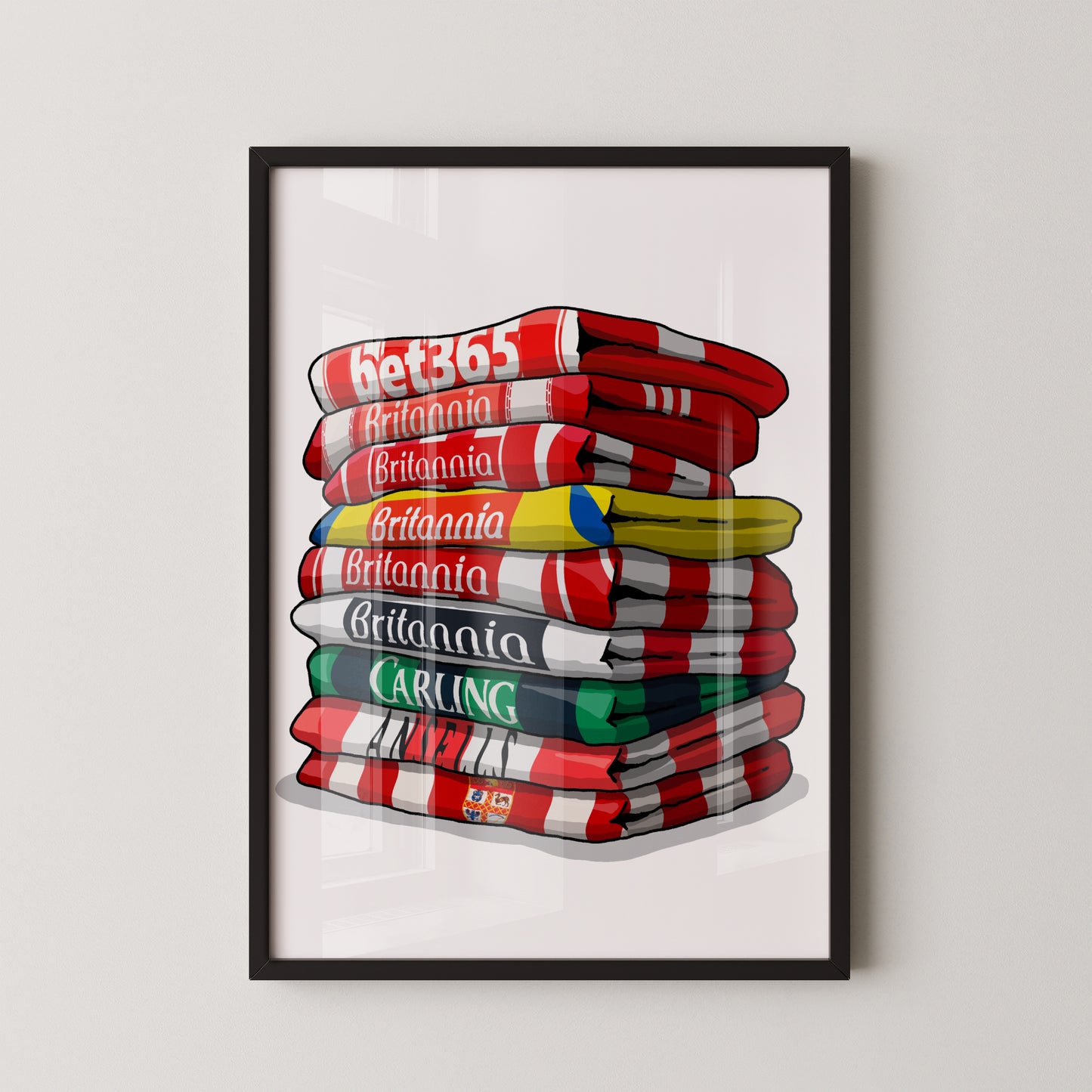 A framed illustration of a stack of towels with the text "Bet365" printed on them.