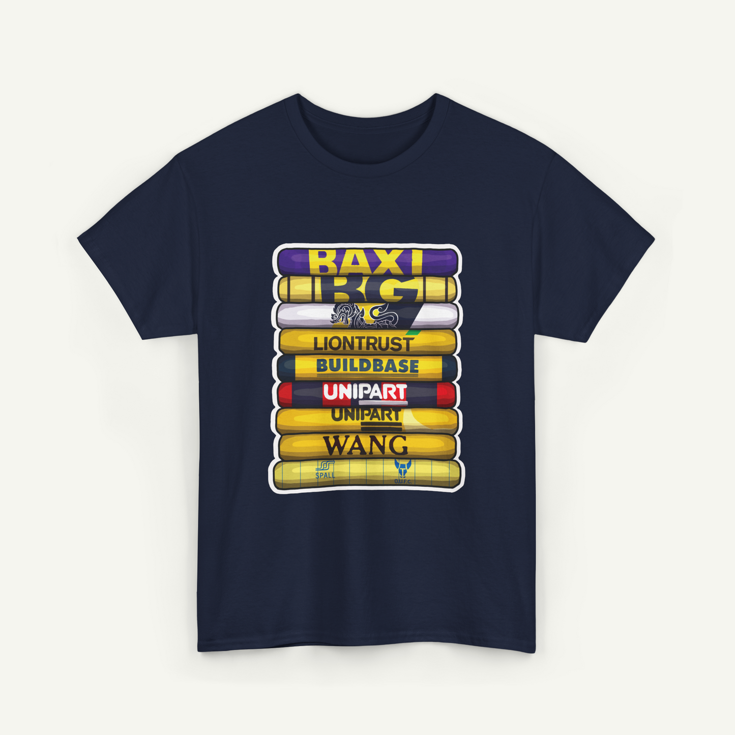 A navy blue t-shirt with a graphic design featuring a stack of books with various text labels on them.