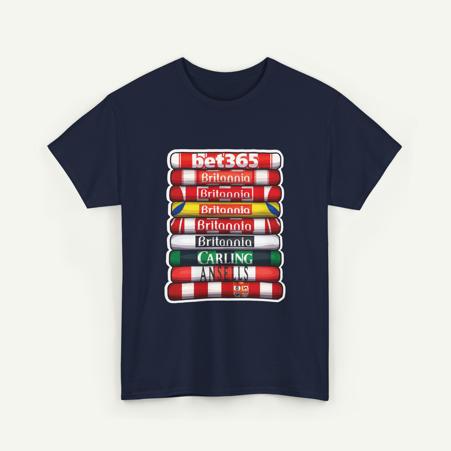 A navy blue t-shirt with a graphic design depicting a stack of colored tubes, each representing a different country or region.