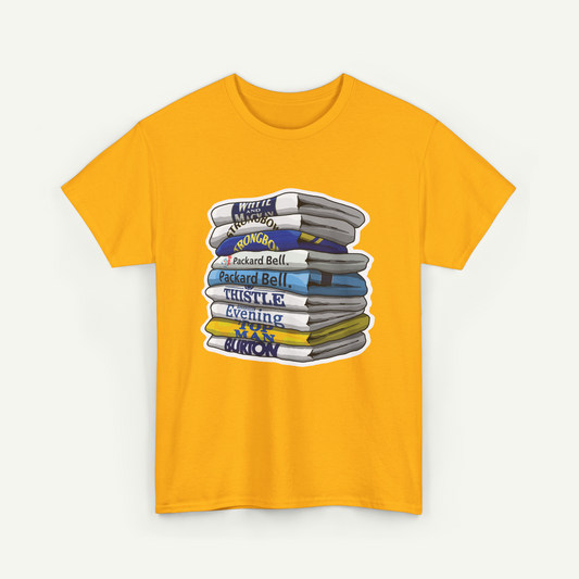 A yellow t-shirt with a graphic design depicting a stack of books or towels with various text labels on them.
