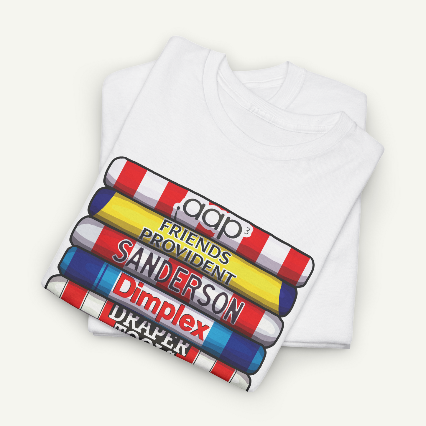 A white t-shirt with a colorful graphic design depicting a stack of crayons with text printed on them.
