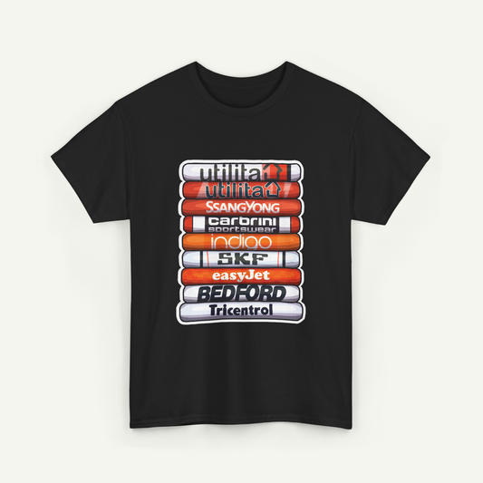 A black t-shirt with a graphic design featuring a stack of colored tubes or bars, each representing a different brand or company.