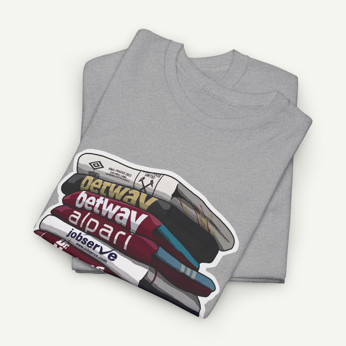 A gray t-shirt with a graphic design depicting a stack of books or magazines, along with the text "betway" and "Jobserv".