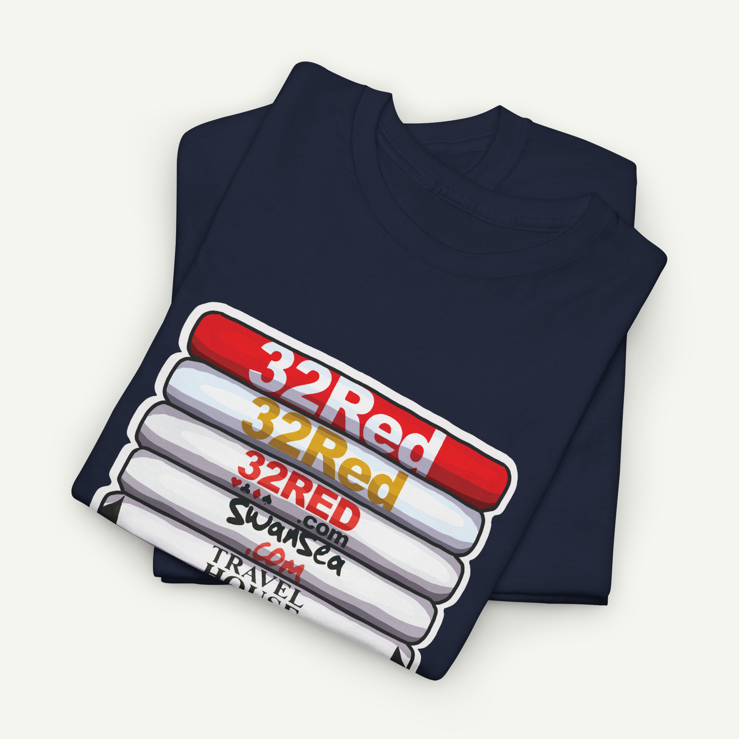 A navy blue t-shirt with a graphic design featuring a stack of books with the text "32Red" printed on it.