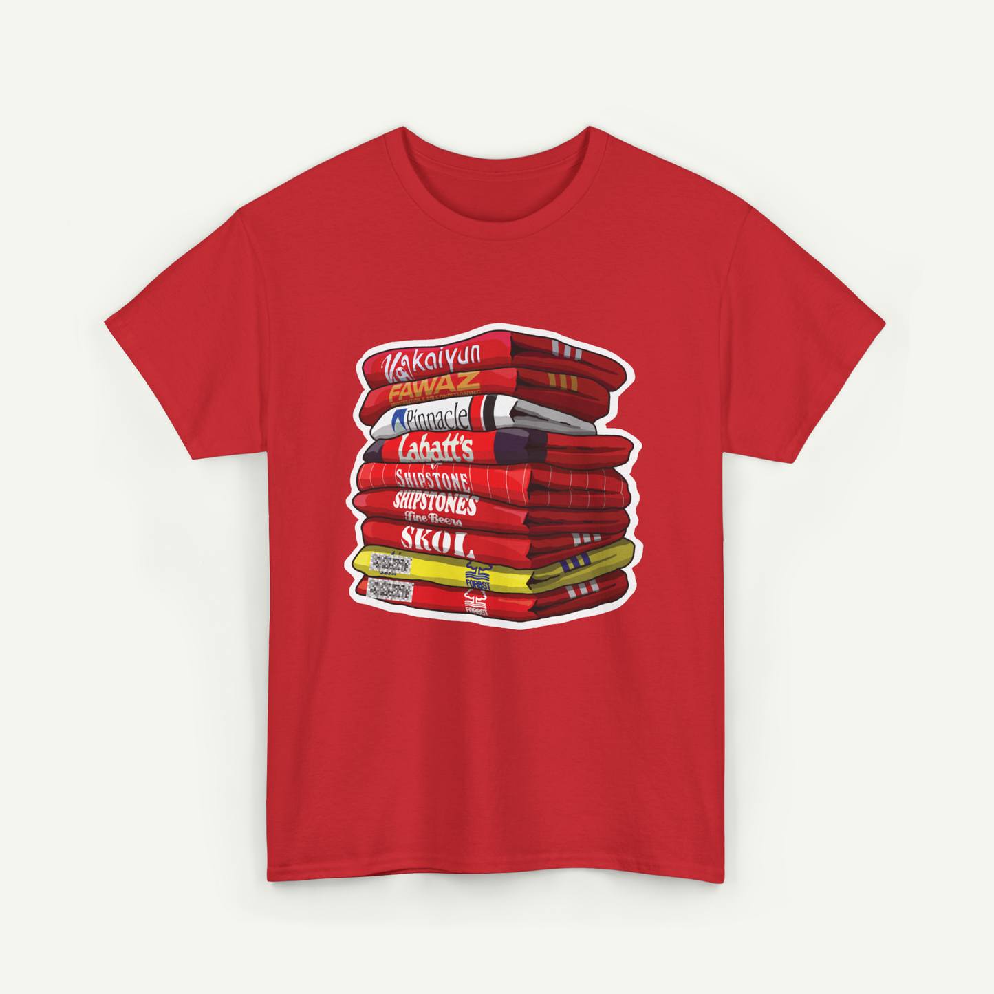 A red t-shirt with a graphic design depicting a stack of books with various titles and authors' names.