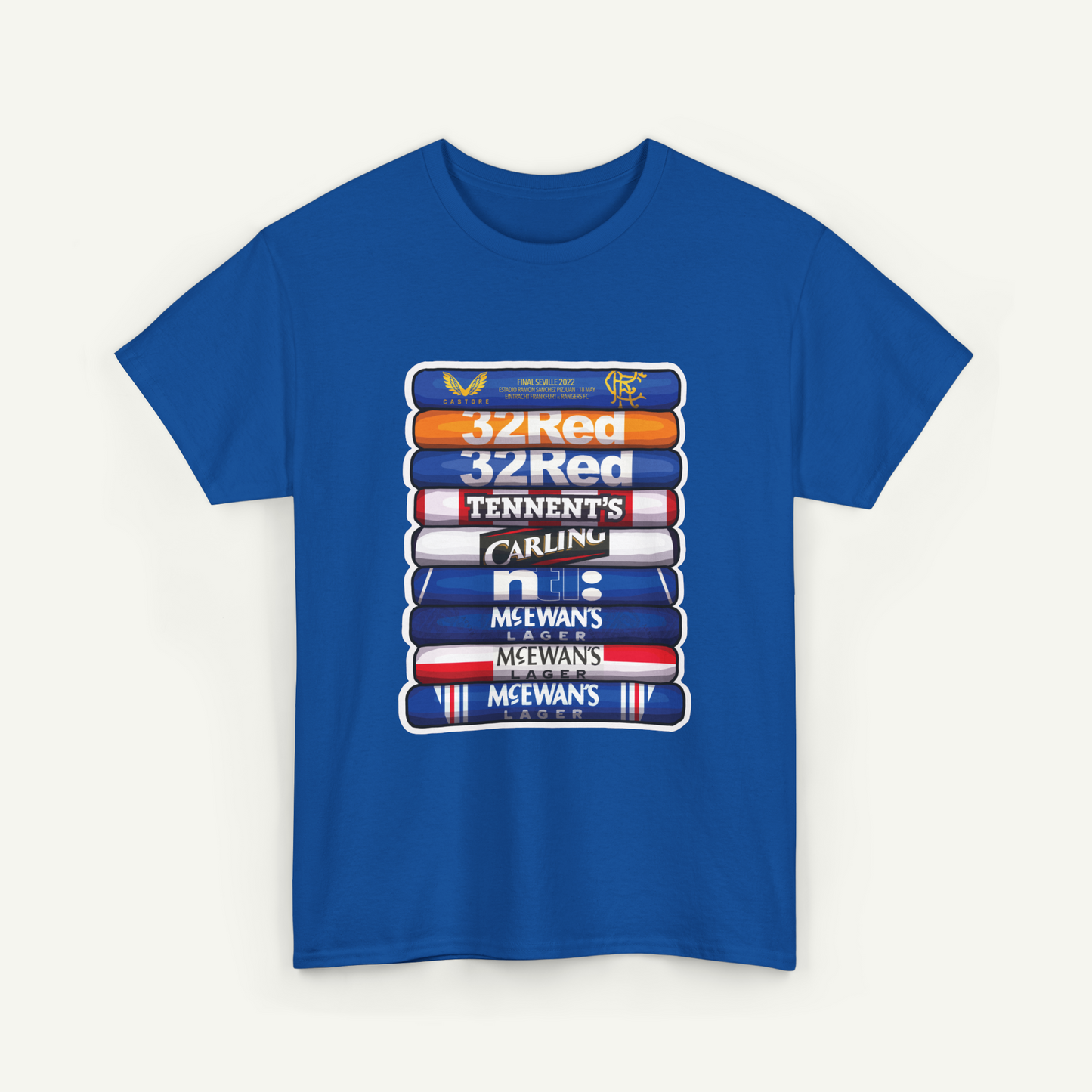 A blue t-shirt with a graphic design featuring a stack of various colored bars, each displaying a different brand logo.
