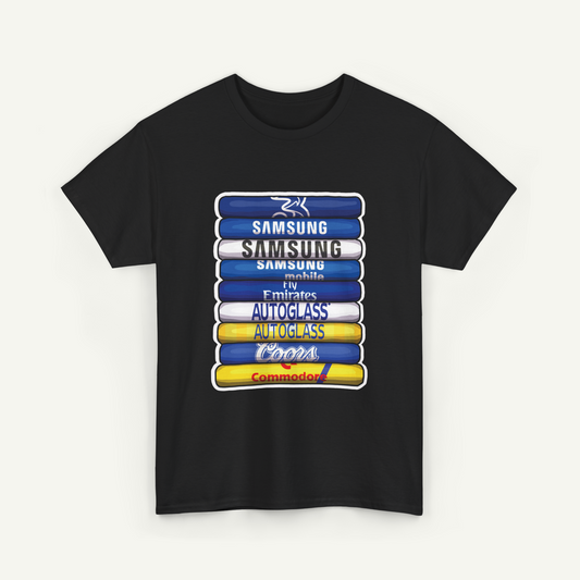 A black t-shirt with a graphic design featuring a stack of seven colorful books or icons, each representing a different brand or company.