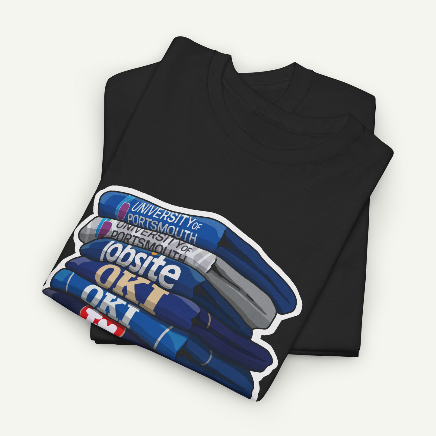 A black t-shirt with a graphic design depicting a stack of books, with the text "University of Portsmouth for Portsmouth" printed on the books.