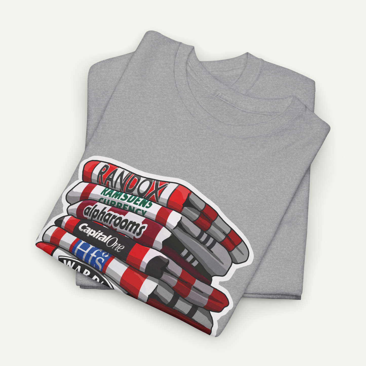 A gray t-shirt with a graphic design depicting a stack of red and white striped markers.