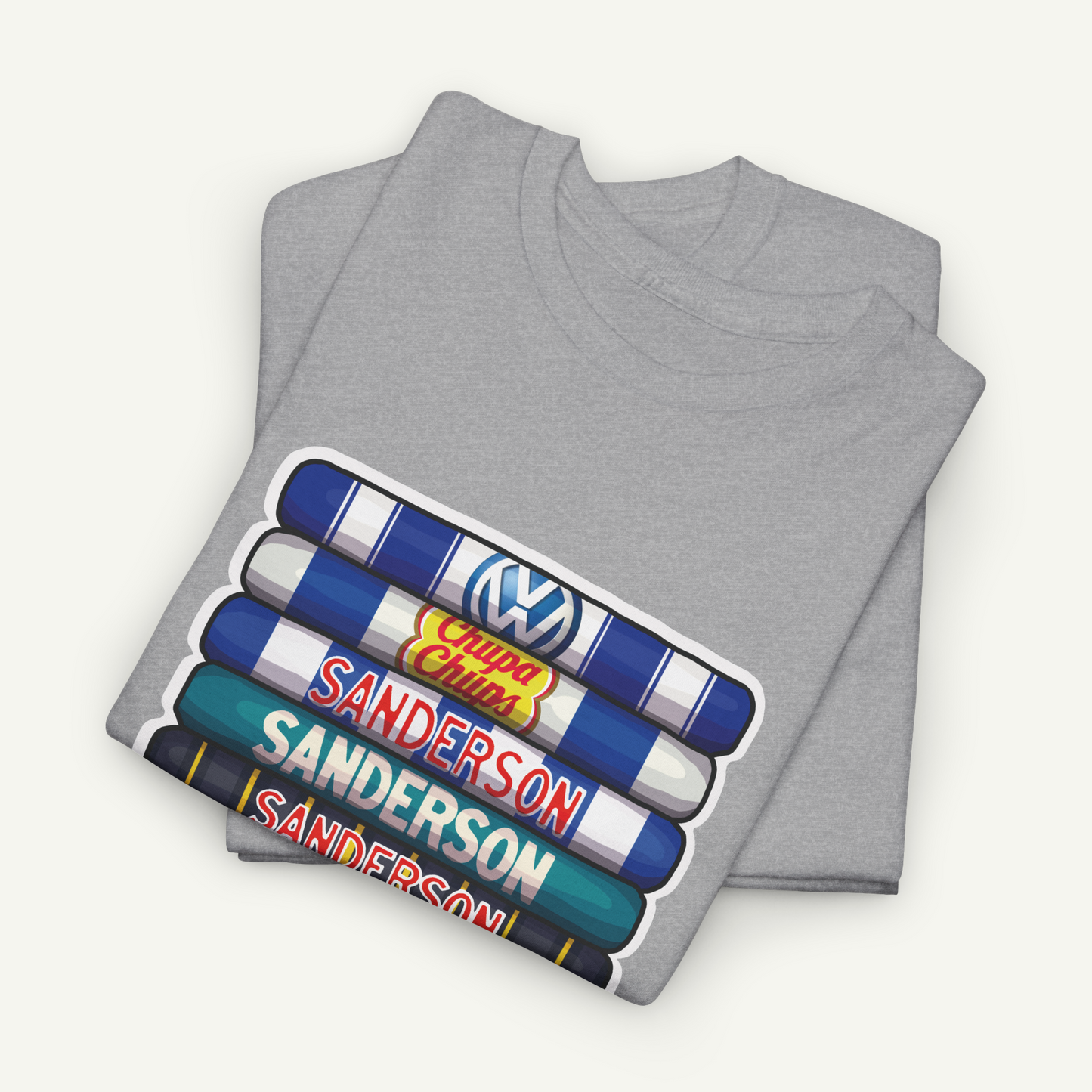A gray t-shirt with a graphic design featuring a stack of colorful tubes with the text "Sanderson" printed on them.