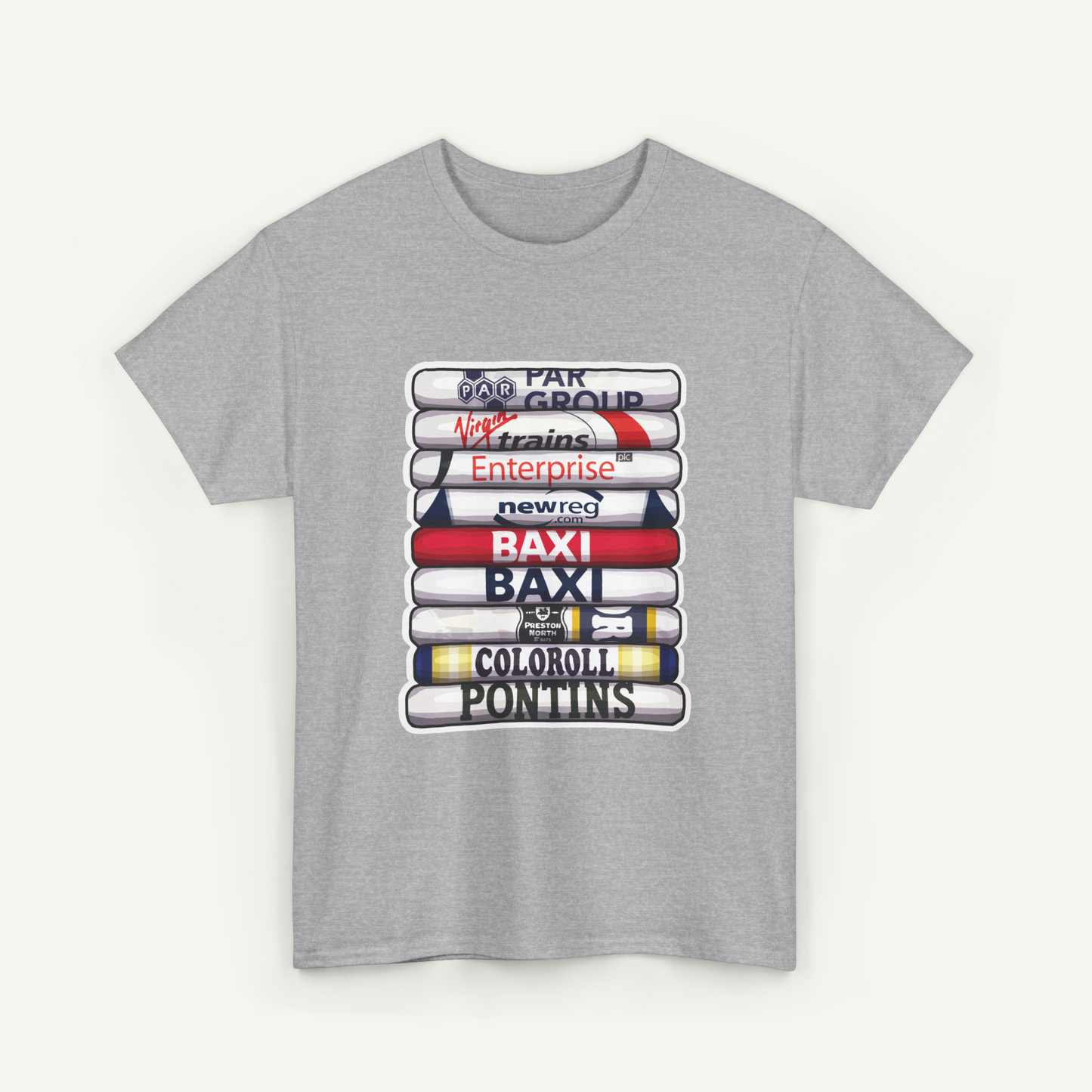 A gray t-shirt with a graphic design featuring a stack of colored pencils with various company logos printed on them.