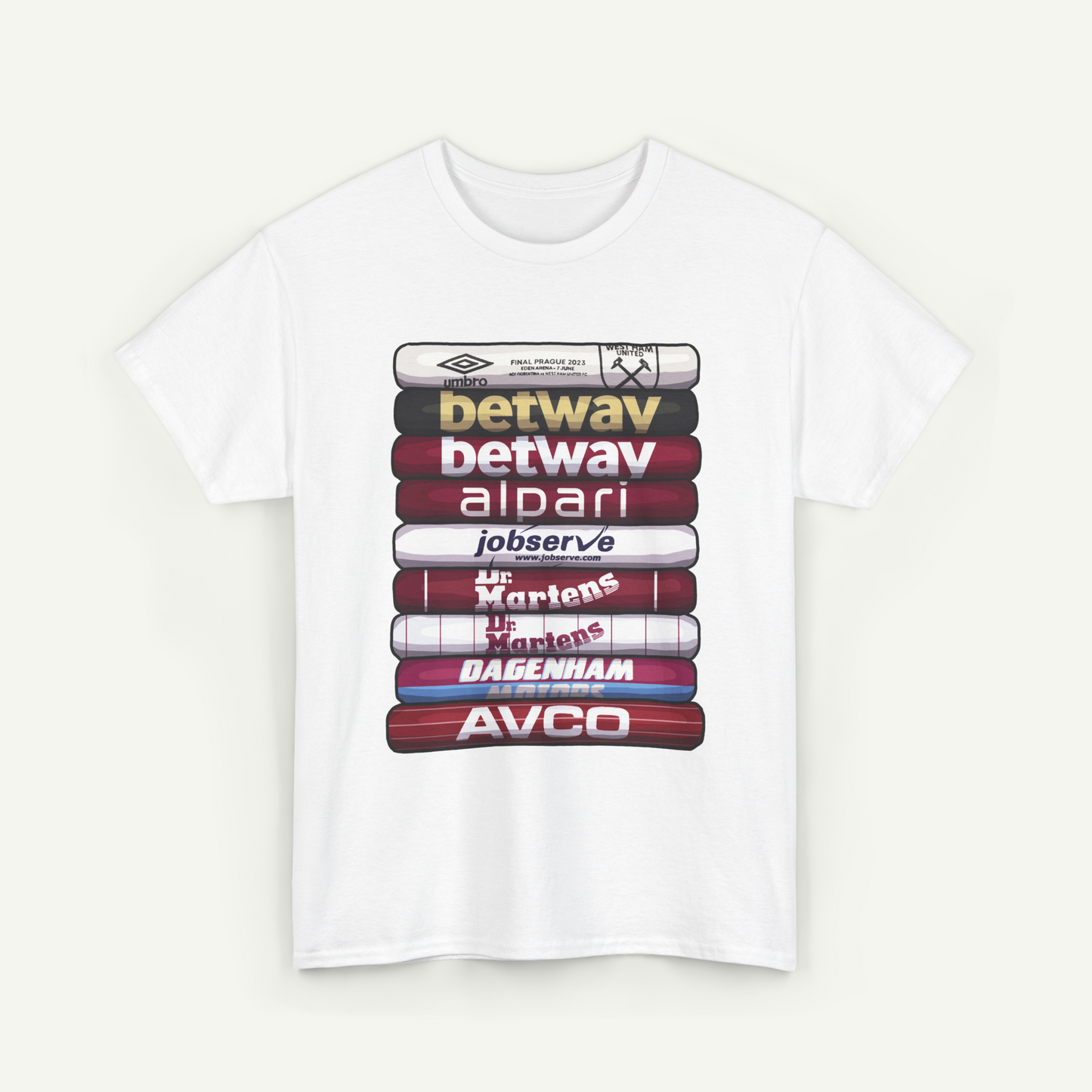 A white t-shirt with a graphic design featuring a stack of colorful bars representing various companies and brands.