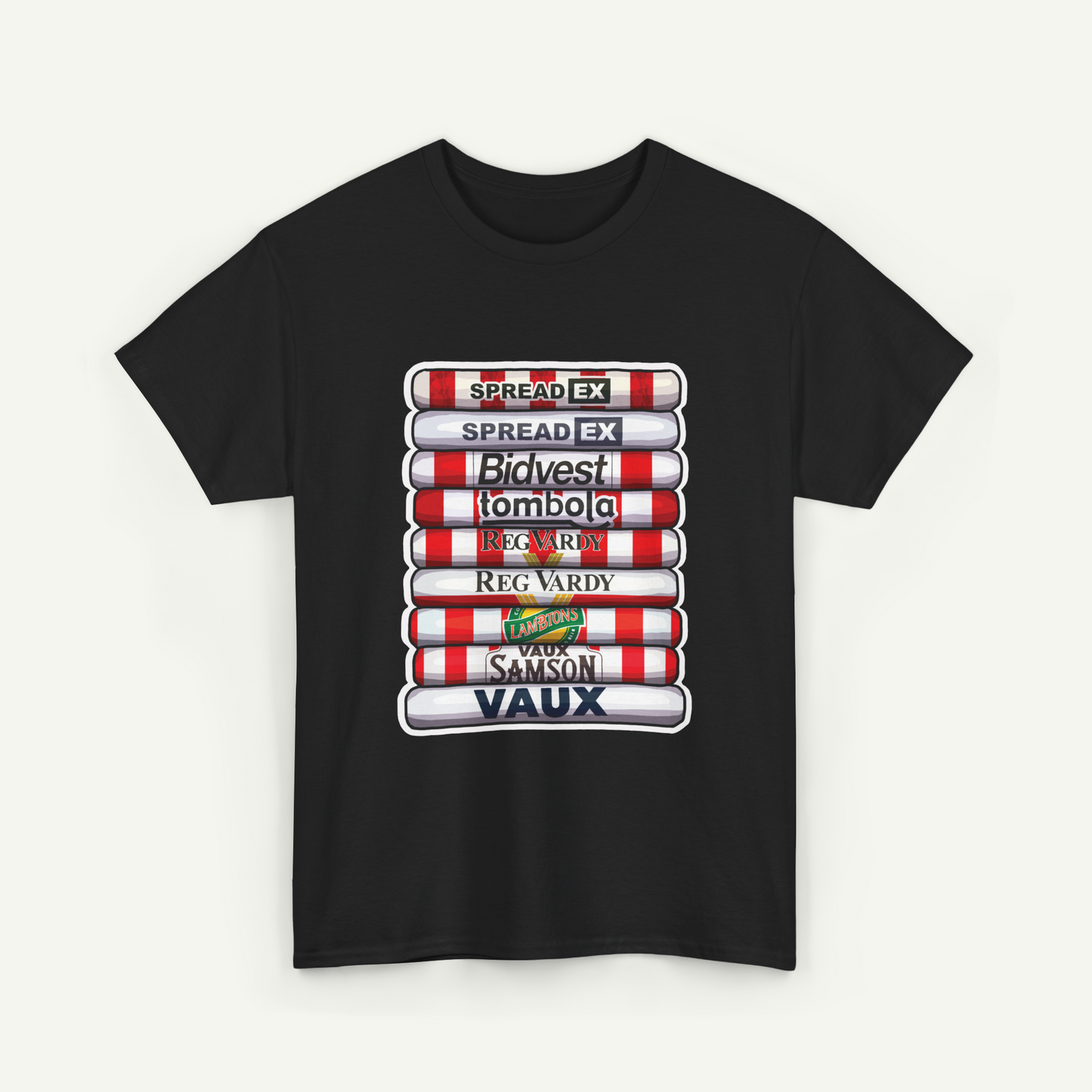 A black t-shirt with a graphic design featuring a stack of red and white tubes with various text and logos printed on them.