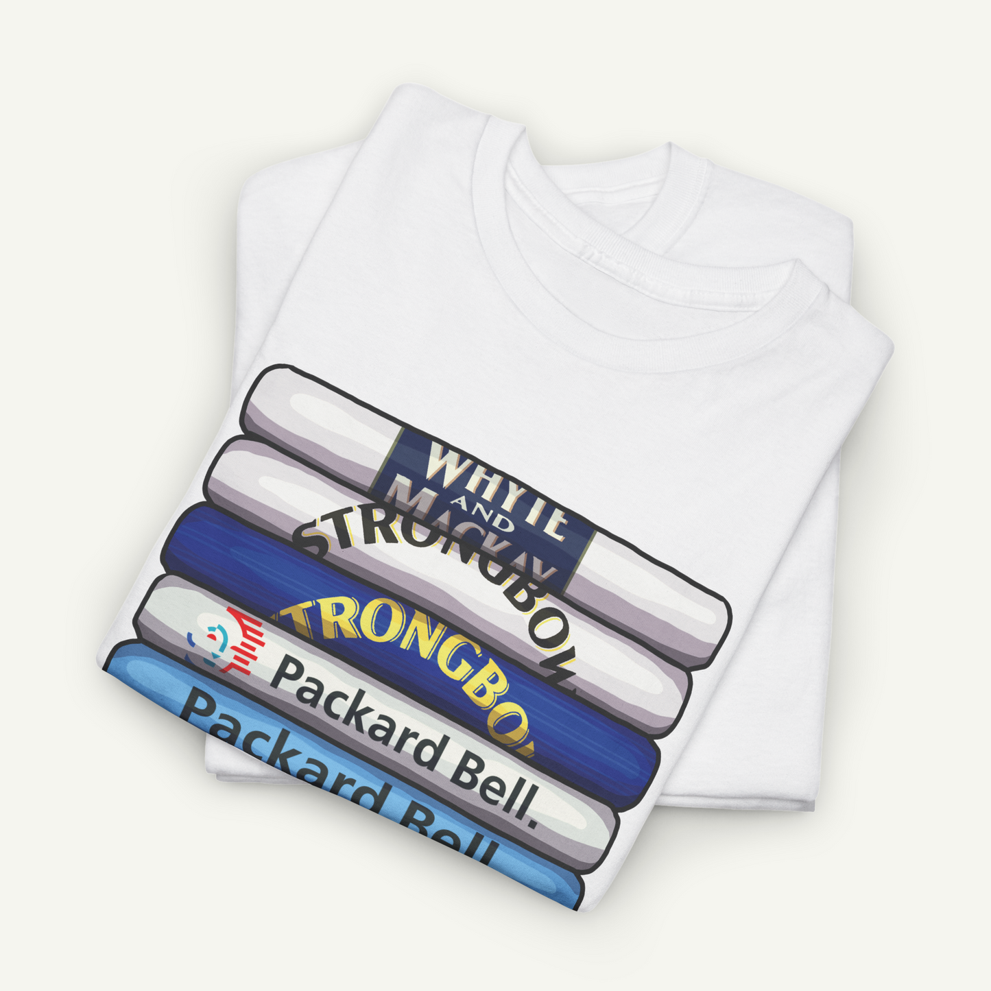 A white t-shirt with a graphic design featuring a stack of colorful tubes or tubes with text printed on them.