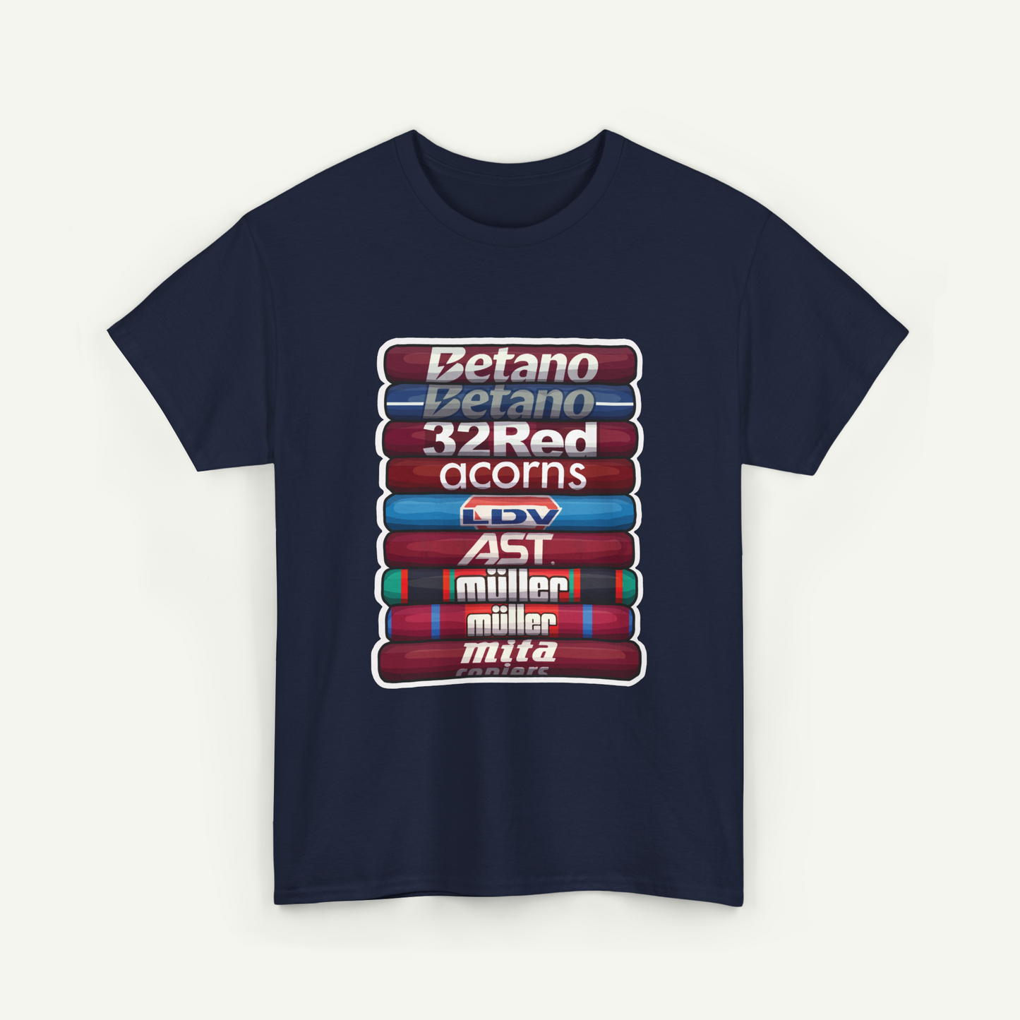 A navy blue t-shirt with a graphic design featuring a stack of colored tubes or cylinders, each representing a different brand or company.