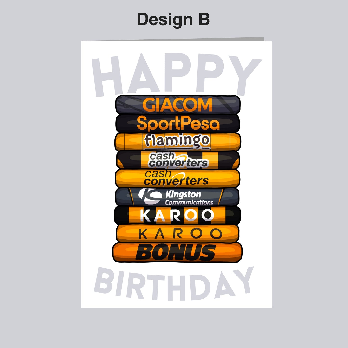 The image is a birthday card with a stack of various colored tubes or bars, each displaying a different company name or logo. The text "Happy Birthday" is written in the center of the image.