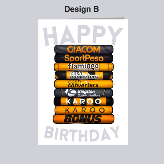 The image is a birthday card with a stack of various colored tubes or bars, each displaying a different company name or logo. The text "Happy Birthday" is written in the center of the image.